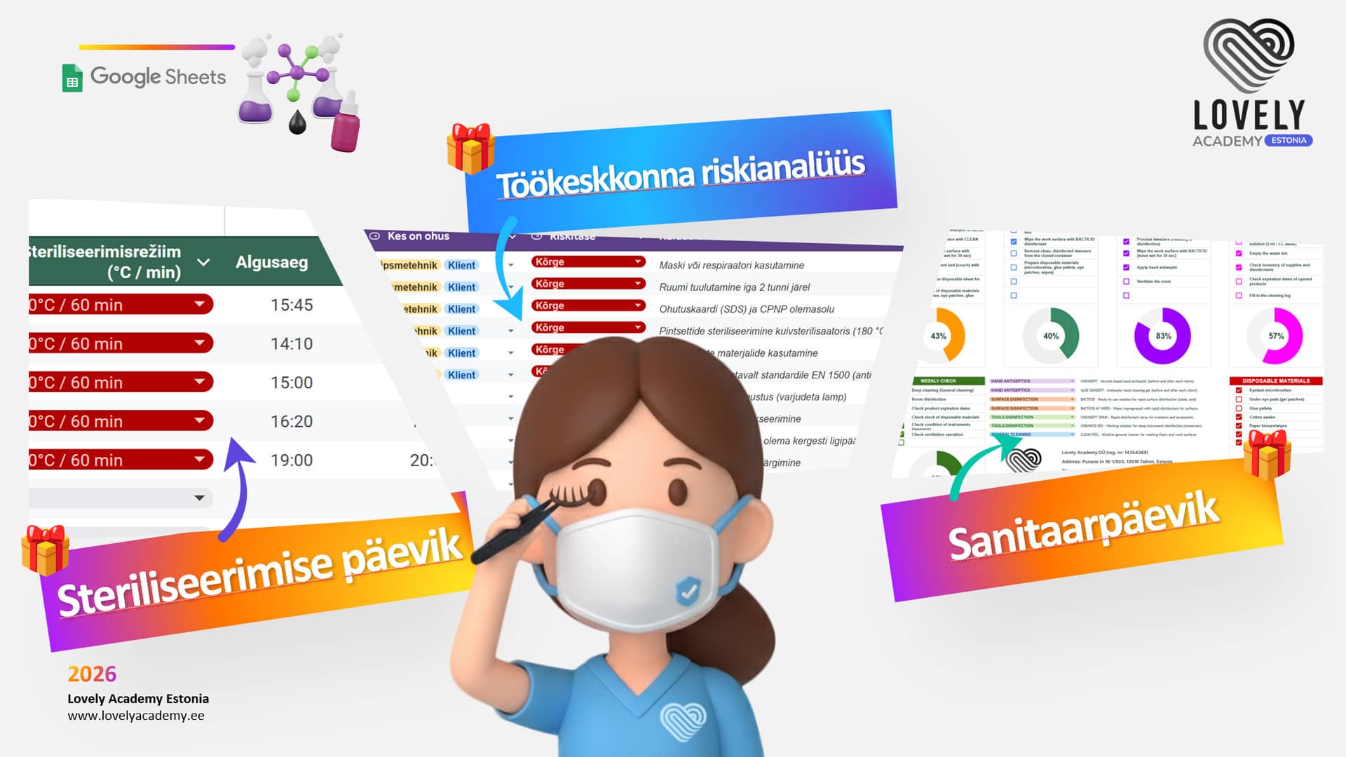 Kursusel saate ligipääsu valmis Google Sheets tabelitele, mis on kohandatud ripsmetehniku tööks. Tabelitega on kaasas eraldi juhend koos selgitustega nende täitmise ja kasutamise kohta.